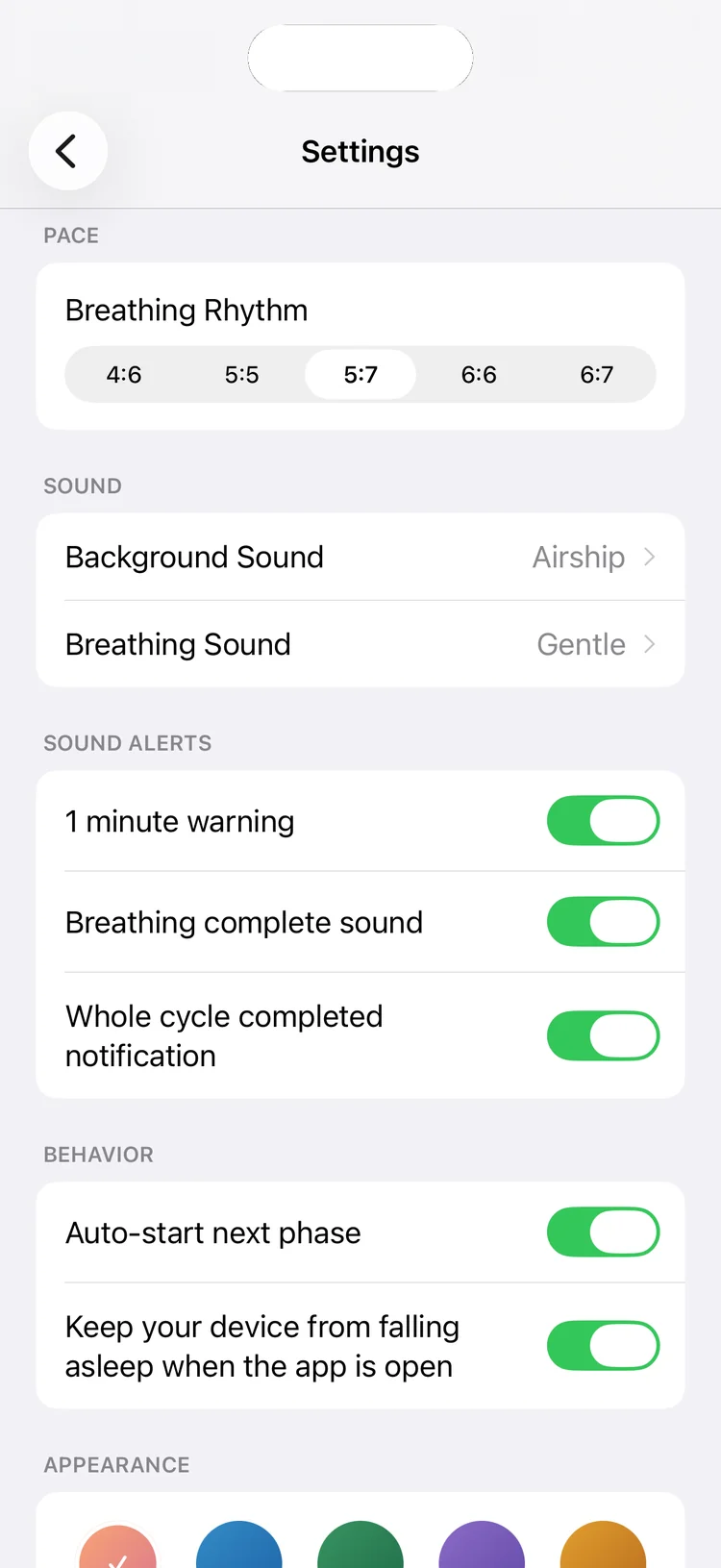 Kupaa settings for appearance, breathing rhythm, sound, and behavior.